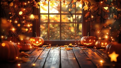 Halloween Pumpkins, Jack-o'-lanterns, and Autumn Leaves with Glowing Lights by Window