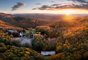 Aerial shot of autum hills of Slovakia at sunrise, Pezinska Baba