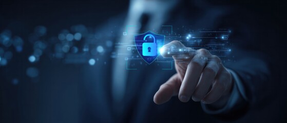 Businessman hand touching glowing blue digital padlock for cybersecurity and access control concept