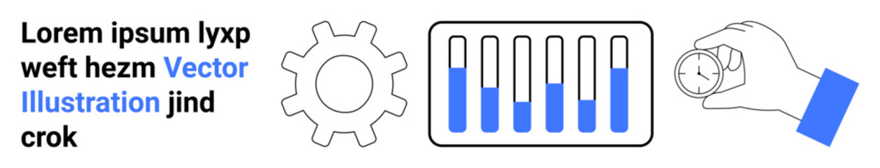 Gear for process, bar chart with data bars for analytics, hand holding clock for time management. Ideal for productivity, efficiency, project management, workflow, data visualization, planning