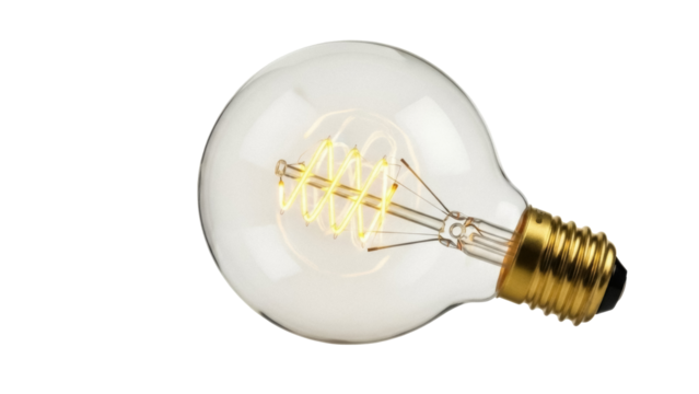Vintage Edison light bulb PNG isolated on transparent background, antique style filament lamp for retro decor and energy concepts