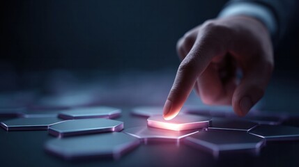 Close up hand pressing glowing purple hexagon tile on dark background for innovative technology concept