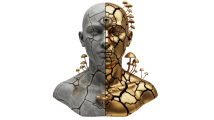 Cracked stone and gold bust with third eye and mushrooms isolated PNG, surreal sculpture on transparent background for art and design