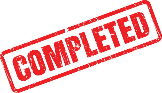 Red completed stamp with grunge effect signifies task closure or project finalization on transparent backdrop