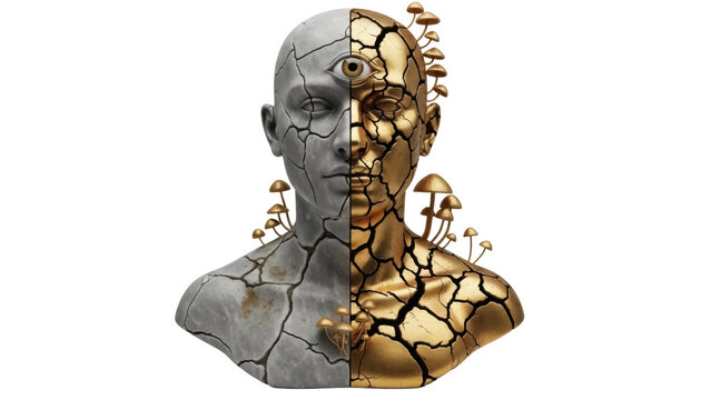 Cracked stone and gold bust with third eye and mushrooms isolated PNG, surreal sculpture on transparent background for art and design