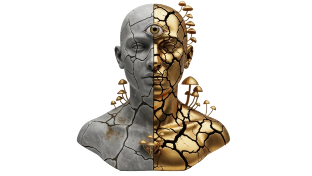 Cracked stone and gold bust with third eye and mushrooms isolated PNG, surreal sculpture on transparent background for art and design