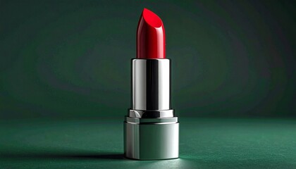 “Red lipstick in metallic silver casing on green surface with dark green gradient background.”