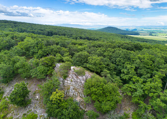 Drone view of rocks and forest landscape after rain, Slovakia