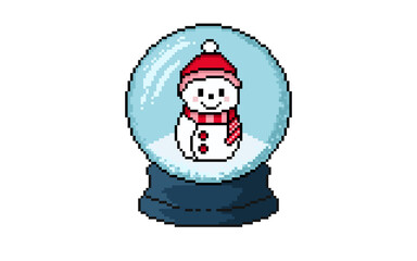 Pixel art of a snow globe with a blue base. Inside, a cute snowman wearing a red winter hat and striped scarf is smiling cheerfully on a bed of snow.perfect for seasonal designs, wallpaper, background