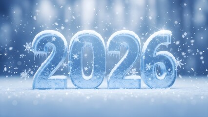 Cool blue icy numbers 2026 with falling snow and spotlight effect
