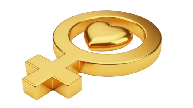 Golden female symbol with heart isolated PNG on transparent background, gender sign for women s health and love - Powered by Adobe