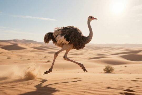 Ostrich running across sandy desert dunes under bright sunlight - Powered by Adobe
