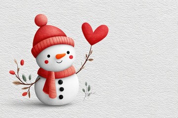 Soft watercolor snowman with heart for winter holiday design on white background