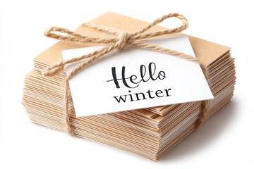 Minimalist winter greeting concept with stacked notecards tied in linen string for seasonal design and decor