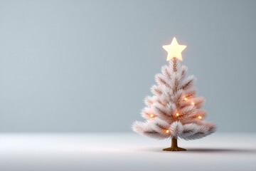 Tiny christmas tree with glowing star on white background for holiday decoration design