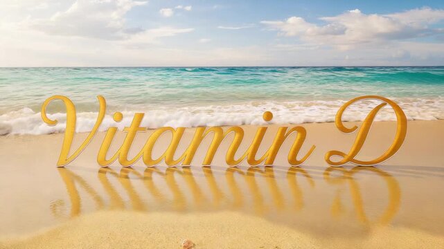 Rolling ocean waves covering and revealing golden Vitamin D script at sandy beach, wet sand mirror