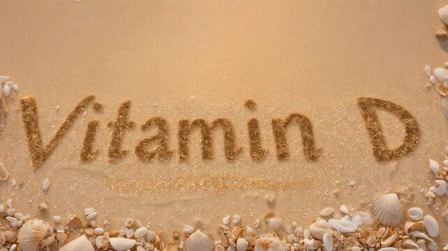 Washing incoming wave from sea brushing Vitamin D in sand with shells on shore, wetting letters