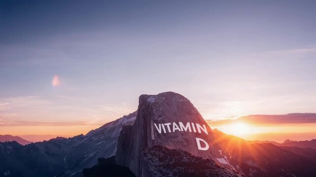 Rising sun casting warm light across monolith reading VITAMIN D with lens flare at mountain ridge