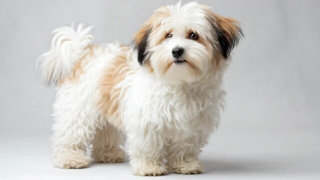 Havanese dog standing on fluffy surface