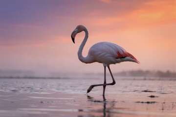 A flamingo walks gracefully across shallow water at sunset, with a vibrant orange and purple sky in the background.