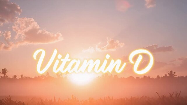 Rising sun revealing glowing script title Vitamin D over misty tropical horizon with palms