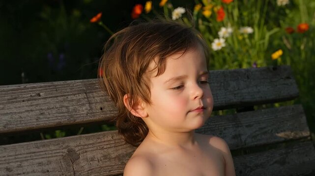 Lulling sunlight shirtless preschool boy closing eyes and tilting head at park bench wildflowers