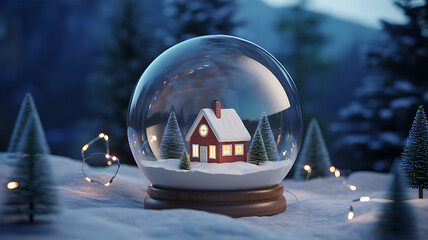Detailed snow globe with a glowing red house and Christmas lights in a snowy forest at dusk winter cabin