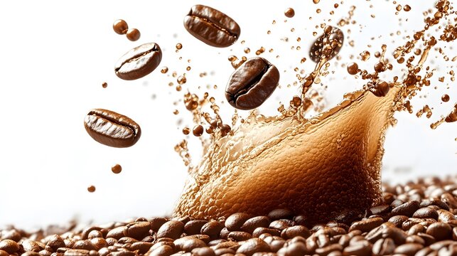 Coffee beans jump into liquid, creating splash in a dynamic moment of brewing coffee