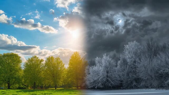 Showing split landscape contrasting day meadow with trees and night frost woods via glowing seam