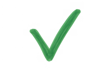 Green hand-drawn check mark icon representing concepts of approval, completion, success, and confirmation. Transparent background