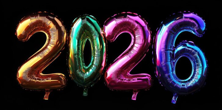 Colorful Metallic Foil Balloons Spelling Out '2026' for New Year Celebrations on Black Background - Powered by Adobe