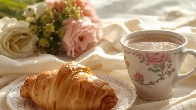 Shifting camera moving right and closer to table, highlighting flaky croissant and floral cup foam