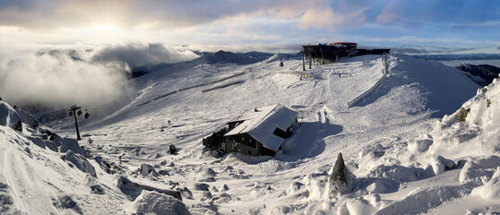 Winter mountain panorama from peak Chopok in Slovakia at sunset