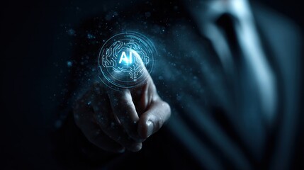Businessman hand touching glowing digital circuit brain icon with AI text for artificial intelligence concept