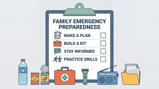 Family emergency preparedness checklist with disaster supply kit items including water flashlight radio and first aid