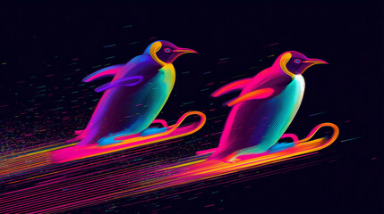 Obraz premium Funny penguin racing downhill on futuristic neon sleds