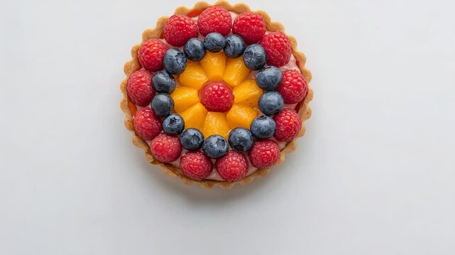 Zooming camera cropping down toward fruit tart on white tabletop, highlighting fruit rings custard