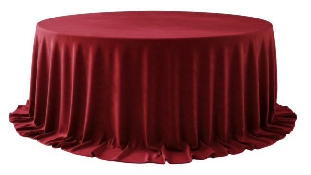 Elegant round table with red velvet tablecloth isolated PNG, luxurious event decor on transparent background