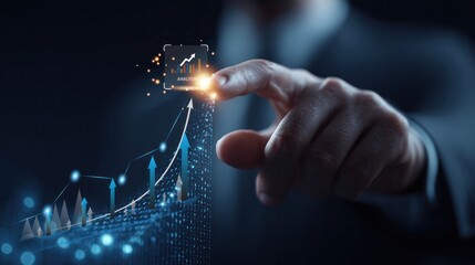 Businessman hand touching virtual growth graph for financial analysis and stock market success concept