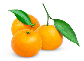 Ripe tangerine fruits with leaf. Fresh mandarin fruit with leaves on white background.