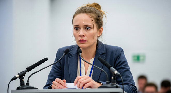 Nervous shy female lecturer standing behind podium with microphones to address audience. Speaker has fear and anxiety before public speaking and events, agitated mental state - Powered by Adobe