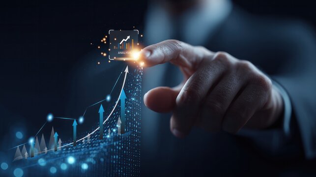 Businessman hand touching virtual growth graph for financial analysis and stock market success concept