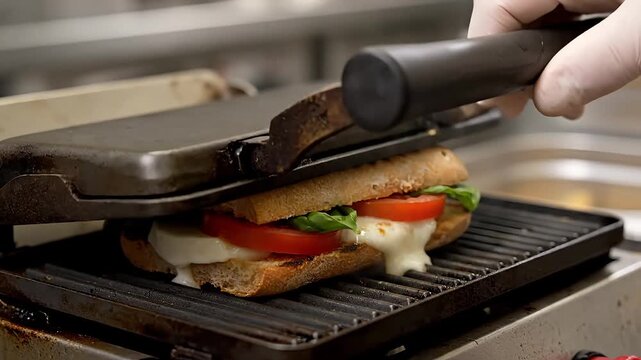 Opening hot electric contact grill to reveal steaming Italian Caprese panini sandwich with melting mozzarella cheese and fresh basil leaves for delicious gourmet vegetarian lunch menu concept
