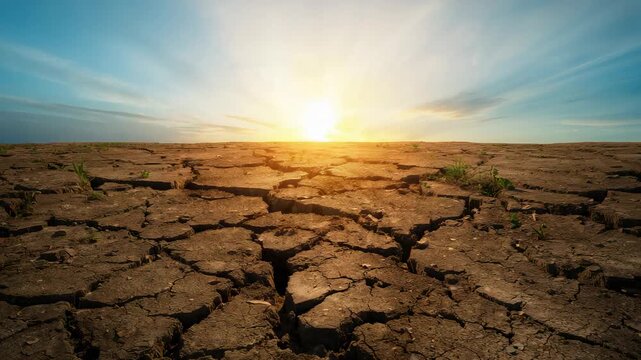 Rising low sun casting long rays across parched cracked plain, illuminating small green sprouts