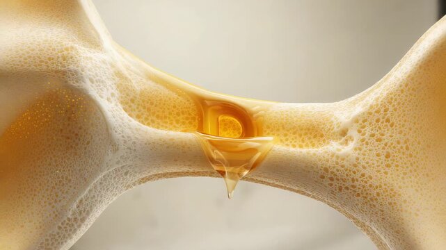 Forming viscous golden droplet hanging from pool between porous bridge in closeup, gravity pulling