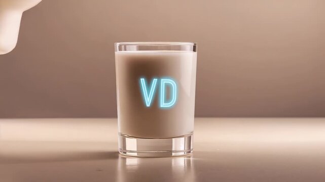 Pouring jug starting from left edge filling centered glass on studio tabletop, VD emblem glowing