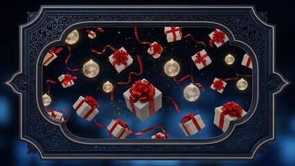 Obraz premium Festive gifts and glowing ornaments in a decorative frame