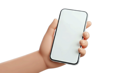 Stylized Human Hand Holding A White Screen Smartphone With A Dark Frame And Silver Edges Against A Black Background With Subtle Lighting And Copy Space