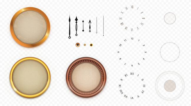 Vintage clock face constructor set isolated on transparent background. Vector realistic illustration of old round watch details, golden dial frame, elegant black hands, roman and arabic time numbers