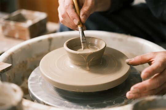 Potter shaping clay on a wheel using a brush to smooth the surface of a bowl - Powered by Adobe